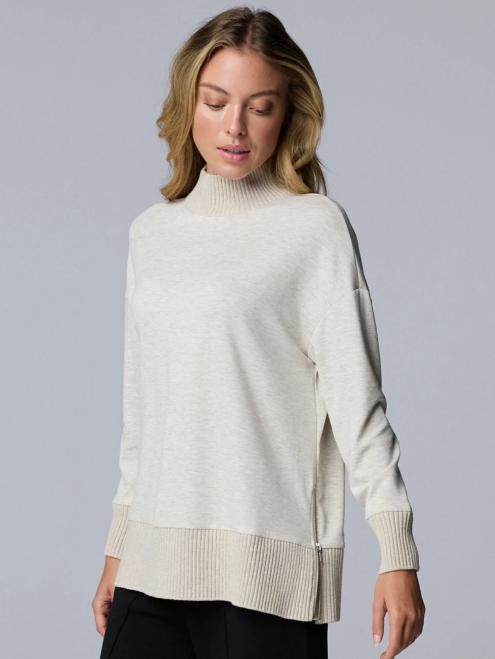Simply Vera XS Fossil Heather Scuba Trim Side Zip Pullover Sweatshirt